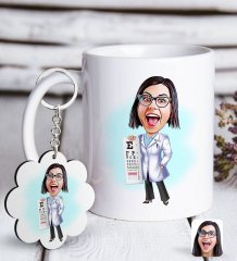 Kişiye Özel Bayan Göz Doktoru Karikatürlü Beyaz Kupa ve Anahtarlık Hediye Seti
