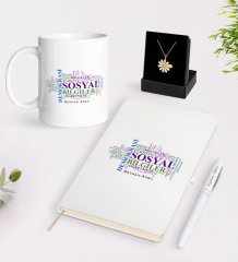 Kişiye Özel Sosyal Bilgiler Öğretmeni Beyaz Kupa Defter Kalem ve İsimli Papatya Kolye Hediye Seti-1