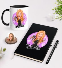 Kişiye Özel Kadın Güzellik Uzmanı Karikatürlü Siyah Defter Kalem ve Kupa Seti-1