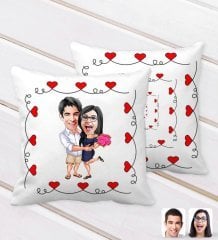 Kişiye Özel Sevgililer Karikatürlü Kurdela Kalp Desenli Dekoratif Kırlent Yastık-108