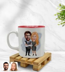 Kişiye Özel Sevgililer Karikatürlü İçi Kırmızı Renkli Kupa Bardak Model 100