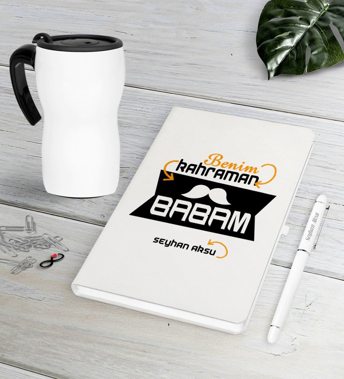 Kişiye Özel Benim Kahraman Babam Beyaz Defter Kalem Termos Mug Seti