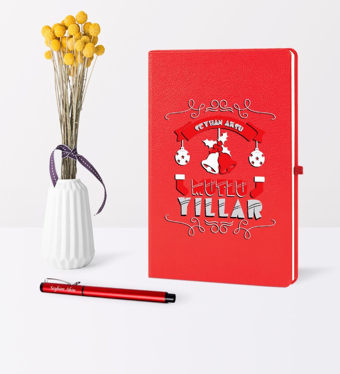 Kişiye Özel Yılbaşı Mutlu Yıllar Temalı Kırmızı Defter Kalem Seti - 7