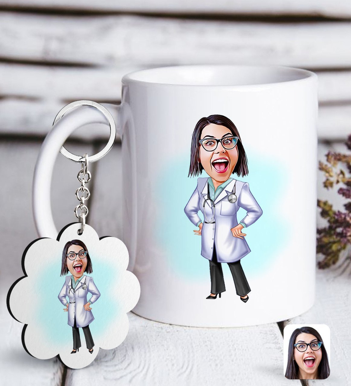 Kişiye Özel Bayan Doktor Karikatürlü Beyaz Kupa ve Anahtarlık Hediye Seti-1