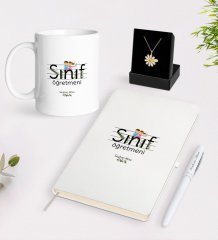 Kişiye Özel Sınıf Öğretmeni Beyaz Kupa Defter Kalem ve İsimli Papatya Kolye Hediye Seti-17