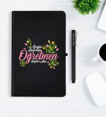 Kişiye Özel Bugün Günlerden Öğretmen Siyah Defter Kalem Hediye Seti - 1
