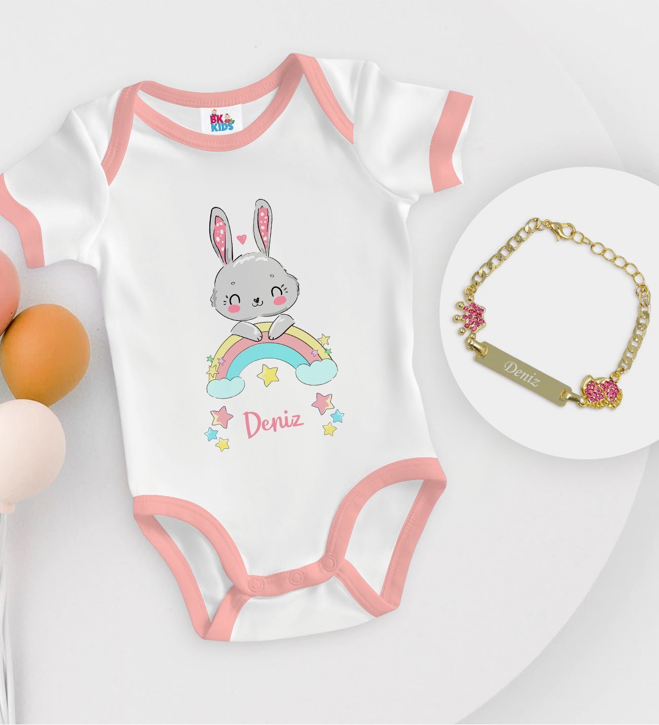 BK Kids Kişiye Özel İsimli Pembe Bebek Body Zıbın ve Kız Bebek Künyesi Hediye Seti-16