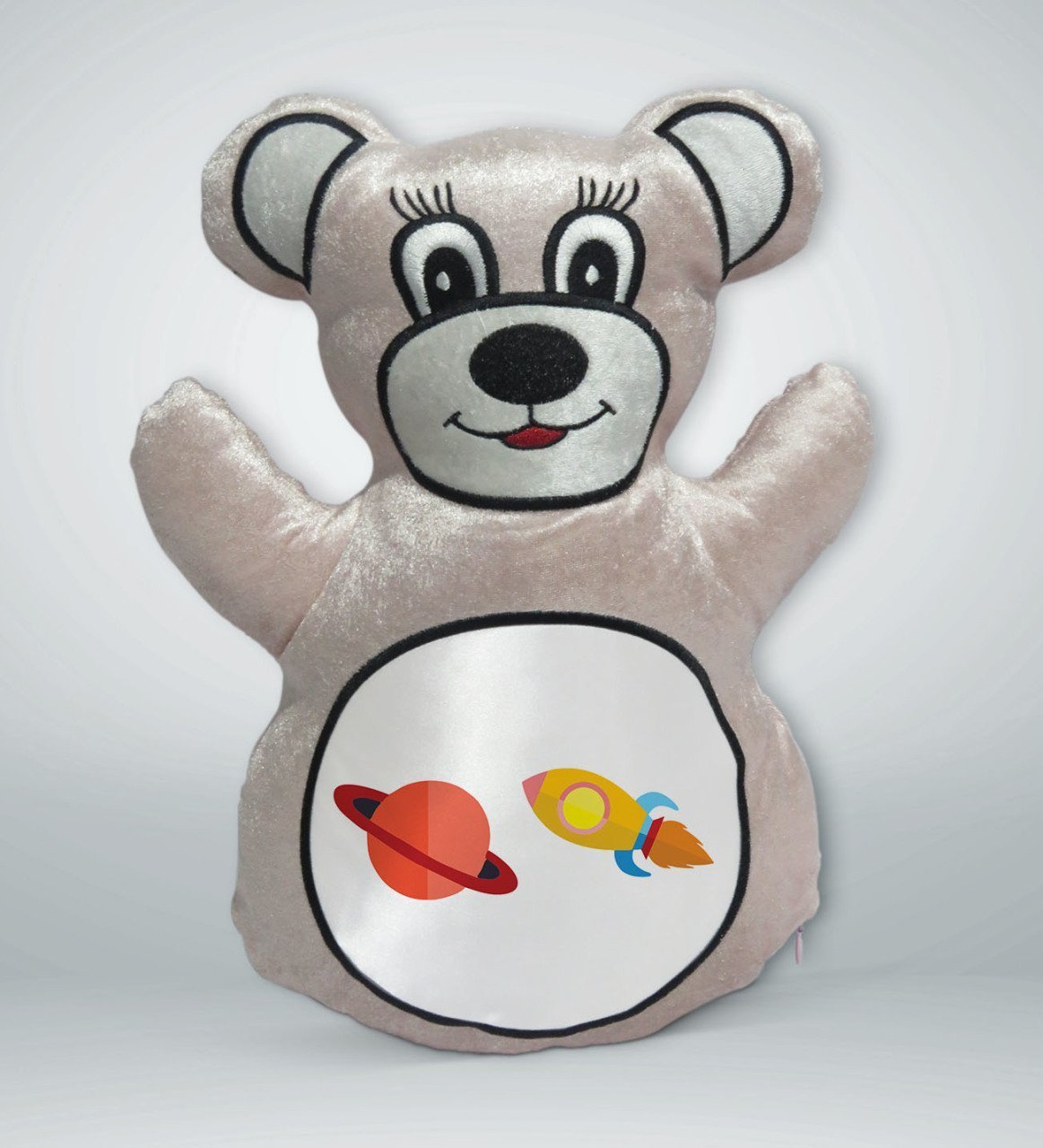 BK Gift Uzay Aracı Tasarımlı Krem Ayıcık Yastık-1
