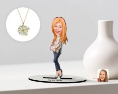 Kişiye Özel Kadın Karikatürlü 3D Ahşap Biblo ve İsimli Tarihli Papatya Kolye Seti-11
