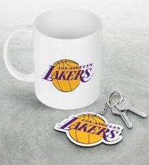 NBA Los Angeles Lakers Beyaz Kupa ve Ahşap Anahtarlık Seti