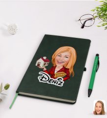 Kişiye Özel Kadın Emlakçı Karikatürlü Yeşil Termo Deri Defter Kalem Seti Model 2