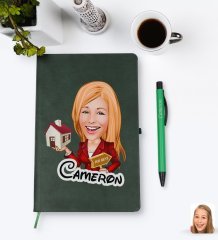 Kişiye Özel Kadın Emlakçı Karikatürlü Yeşil Termo Deri Defter Kalem Seti Model 2