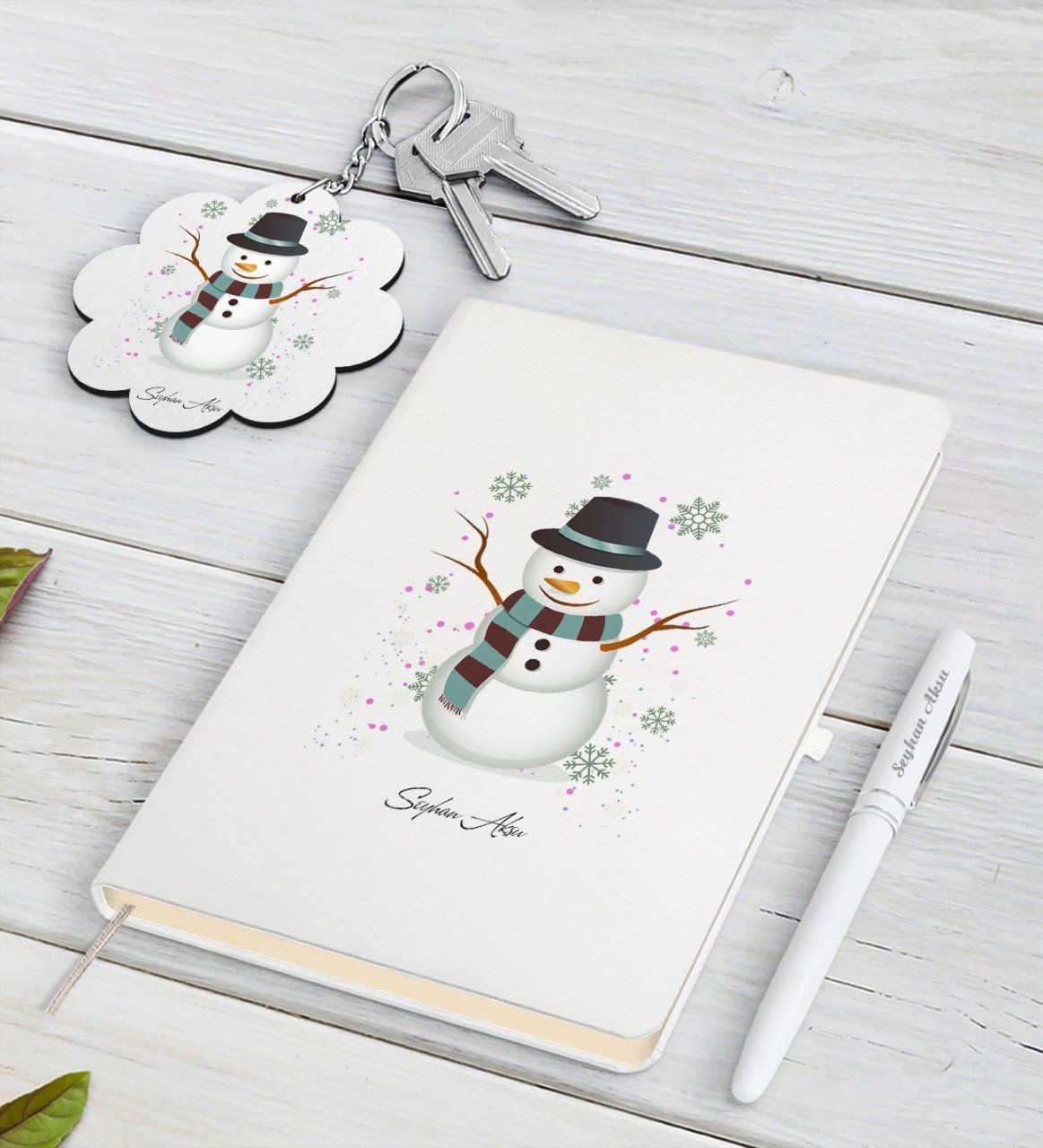 Kişiye Özel Kardan Adam Beyaz Defter Kalem ve Anahtarlık Hediye Seti-1