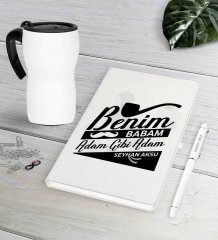Kişiye Özel Babam Adam Gibi Adam Beyaz Defter Kalem Termos Mug Seti