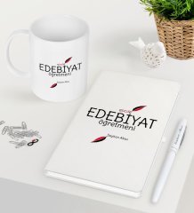 Kişiye Özel Edebiyat Öğretmeni Beyaz Defter Kalem Kupa Seti-5