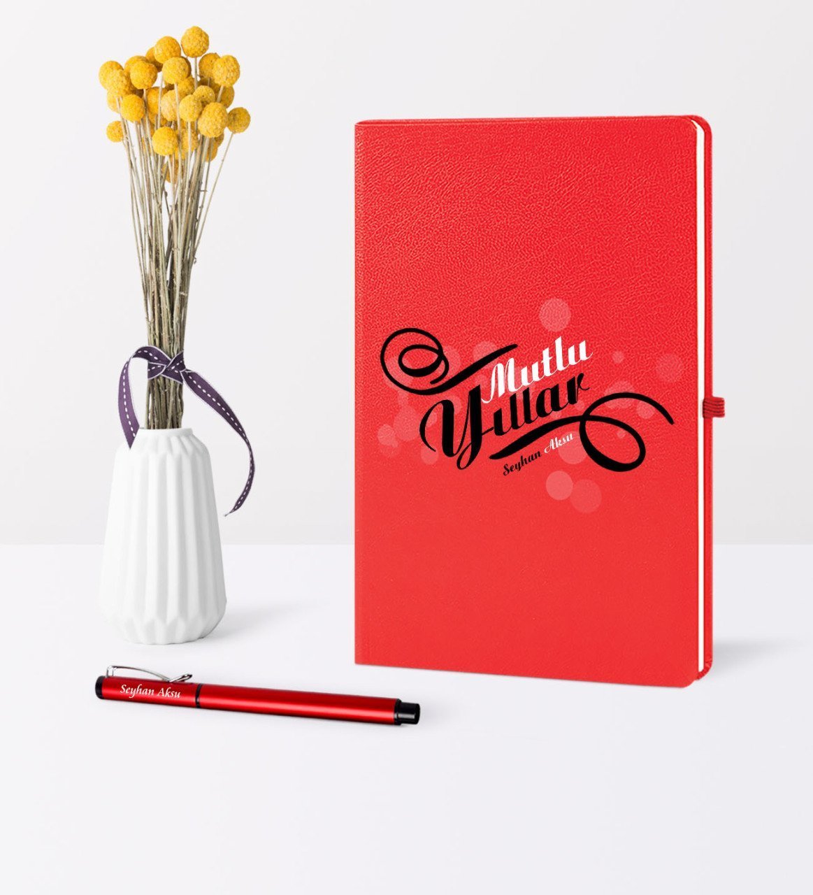 Kişiye Özel Yılbaşı Mutlu Yıllar Temalı Kırmızı Defter Kalem Seti - 6