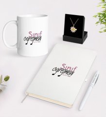 Kişiye Özel Sınıf Öğretmeni Beyaz Kupa Defter Kalem ve İsimli Papatya Kolye Hediye Seti-16