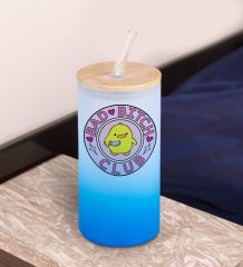 BK Gift Esprili Tasarım Mavi Renk Pipetli Buzlu Cam Bardak 600ml - 1, Arkadaşa Hediye, Doğum Günü Hediyesi