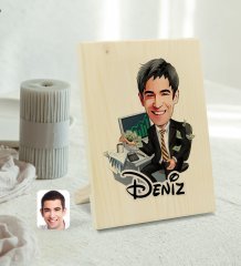 Kişiye Özel İsimli Erkek Bankacı Karikatürlü Dekoratif Ahşap Çerçeve Model 3