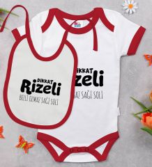 BK Kids Dikkat Rizeli Tasarımlı Kırmızı Bebek Body Zıbın ve Mama Önlüğü Hediye Seti-1
