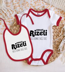 BK Kids Dikkat Rizeli Tasarımlı Kırmızı Bebek Body Zıbın ve Mama Önlüğü Hediye Seti-1