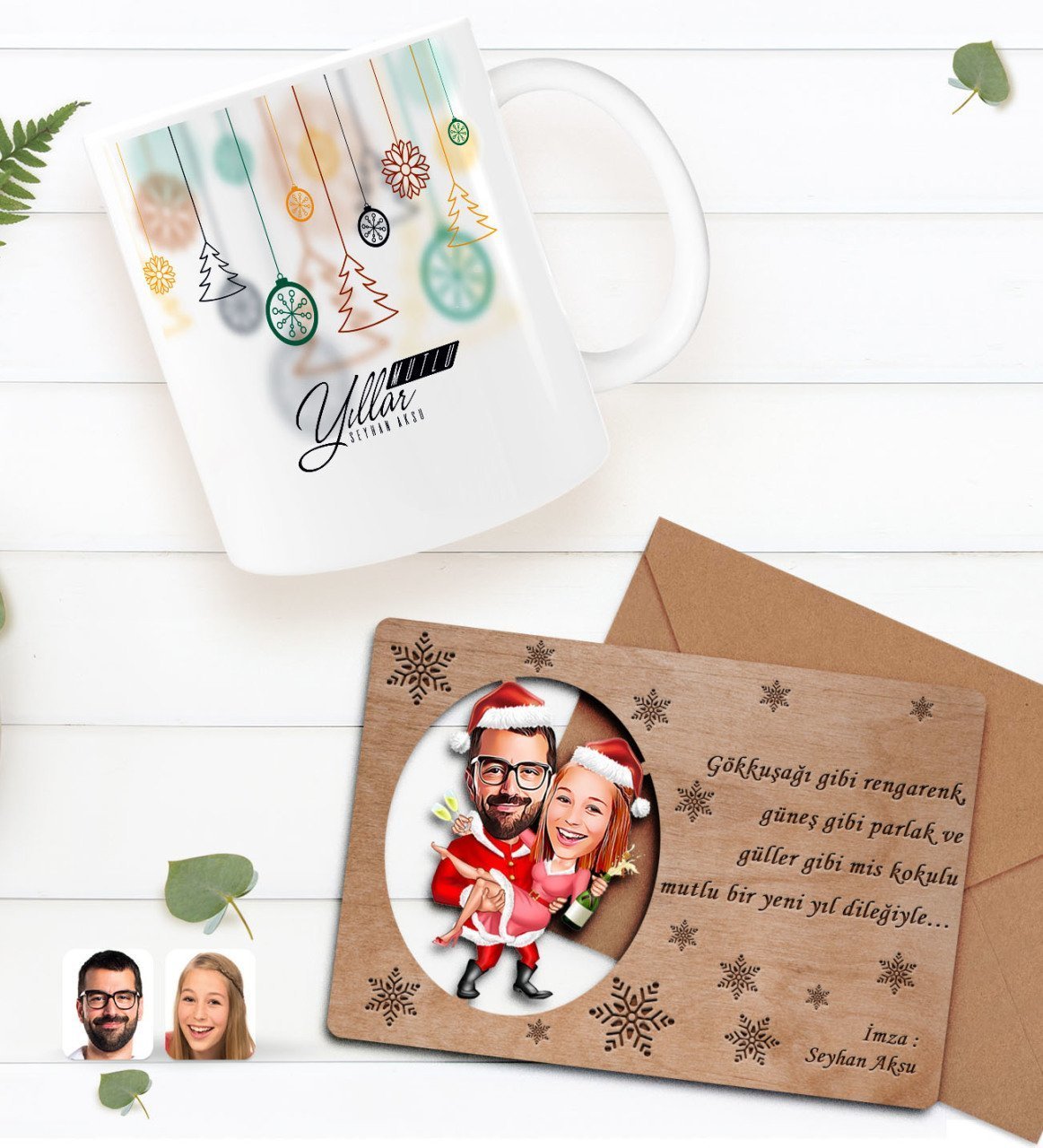Kişiye Özel Happy New Year Kupa Bardak ve Retro Ahşap Yılbaşı Tebrik Kartı Hediye Seti-1F