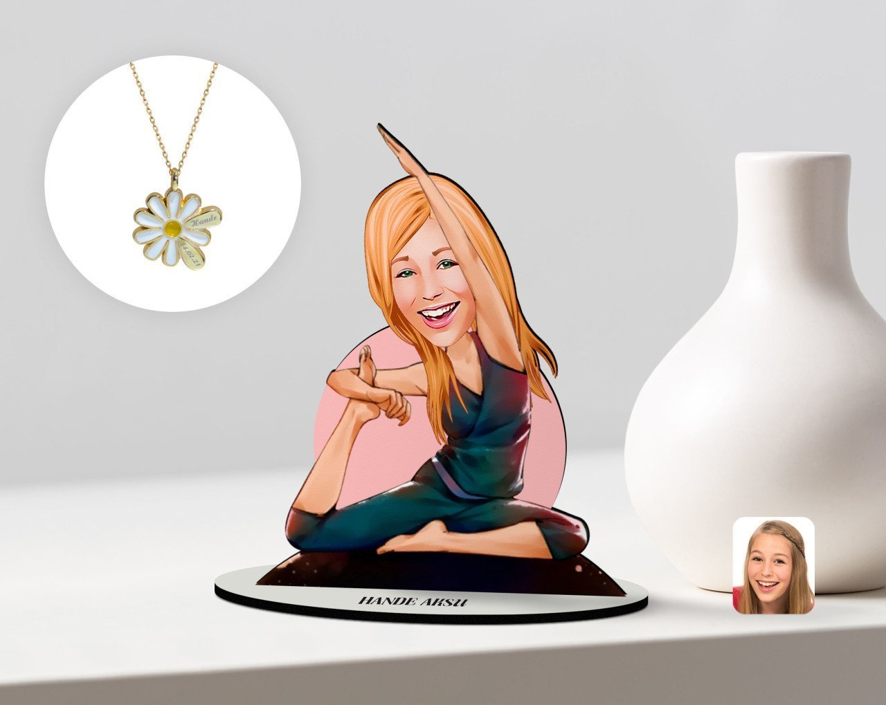 Kişiye Özel Kadın Yoga Karikatürlü 3D Ahşap Biblo ve İsimli Tarihli Papatya Kolye Seti-2