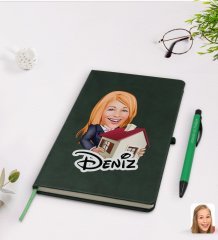 Kişiye Özel Kadın Emlakçı Karikatürlü Yeşil Termo Deri Defter Kalem Seti Model 1