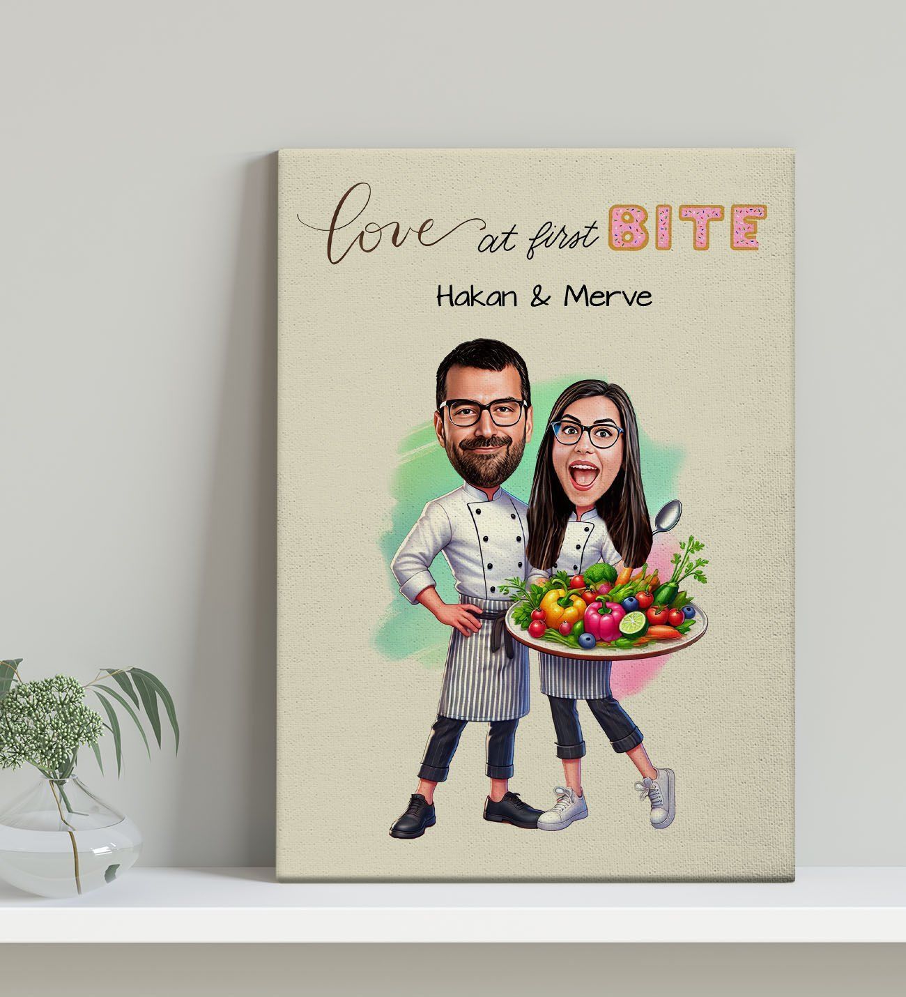 BK Gift Kişiye Özel Aşçı Çift Karikatürlü Kanvas Tablo-1 (30x50), Sevgiliye Hediye, Sevgililer Günü Hediyesi