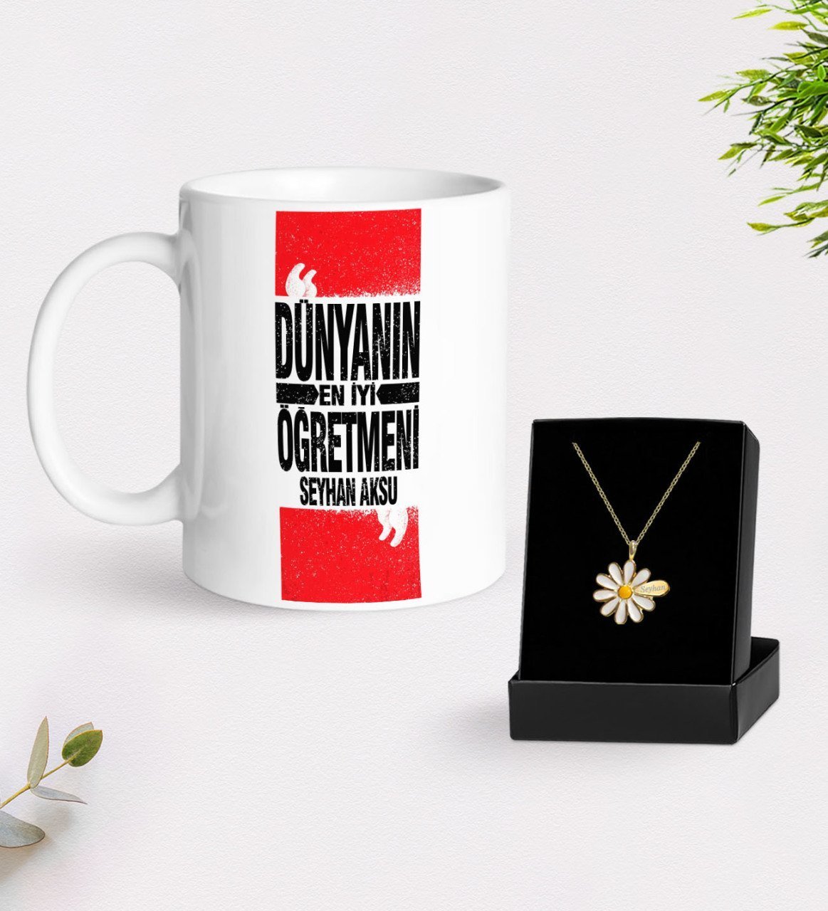 Kişiye Özel Dünyanın En İyi Öğretmeni Beyaz Kupa ve Papatya Kolye Hediye Seti-1