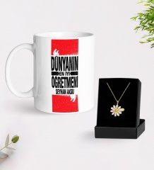 Kişiye Özel Dünyanın En İyi Öğretmeni Beyaz Kupa ve Papatya Kolye Hediye Seti-1