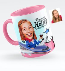 Kişiye Özel Hostes Karikatürlü Pembe Kupa Bardak - 1