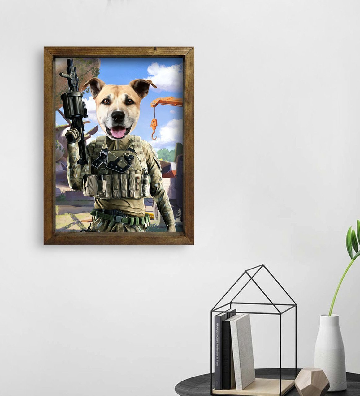 Evcil Dostlara Özel Asker Tasarımlı Portre Doğal Masif Ahşap Çerçeveli Tablo 45x65cm-1