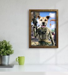 Evcil Dostlara Özel Asker Tasarımlı Portre Doğal Masif Ahşap Çerçeveli Tablo 45x65cm-1