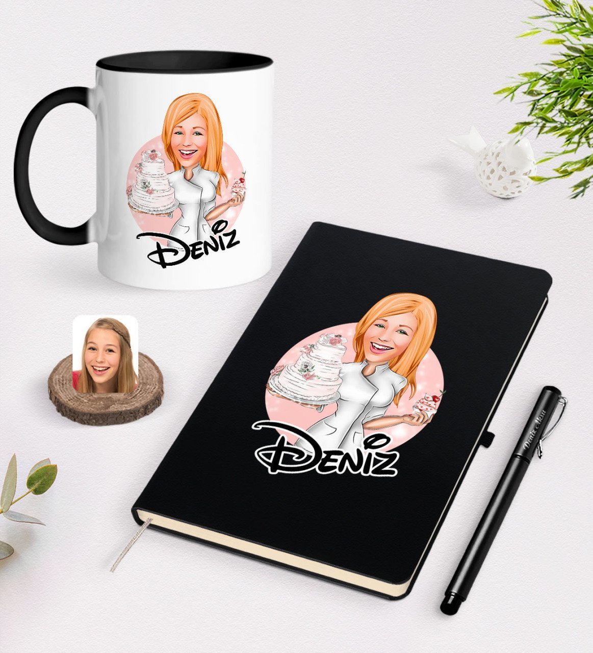 Kişiye Özel Kadın Aşçı Karikatürlü Siyah Defter Kalem ve Kupa Seti-3