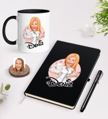 Kişiye Özel Kadın Aşçı Karikatürlü Siyah Defter Kalem ve Kupa Seti-3