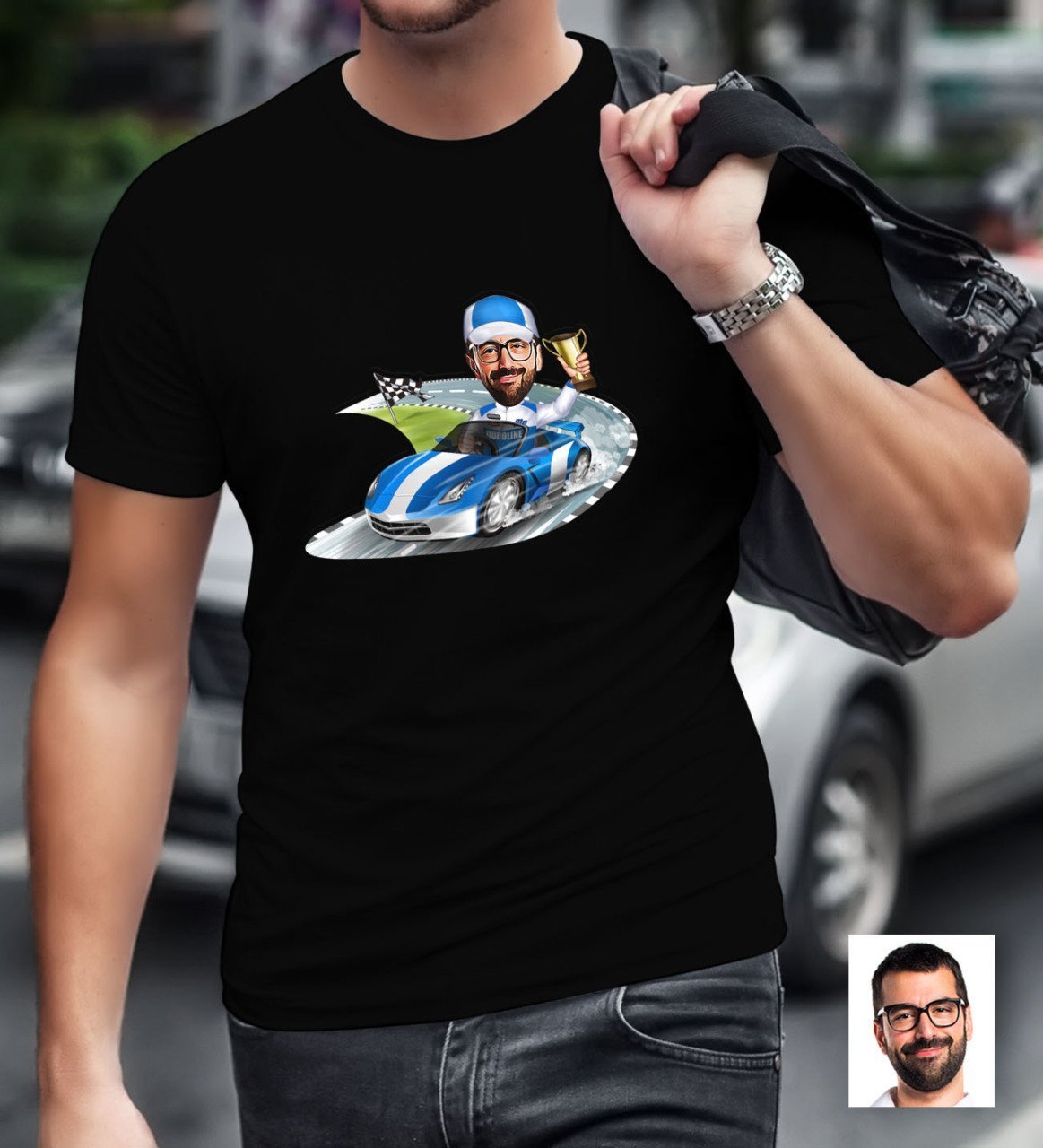 Kişiye Özel Bay Rallici Karikatürlü Siyah T-Shirt