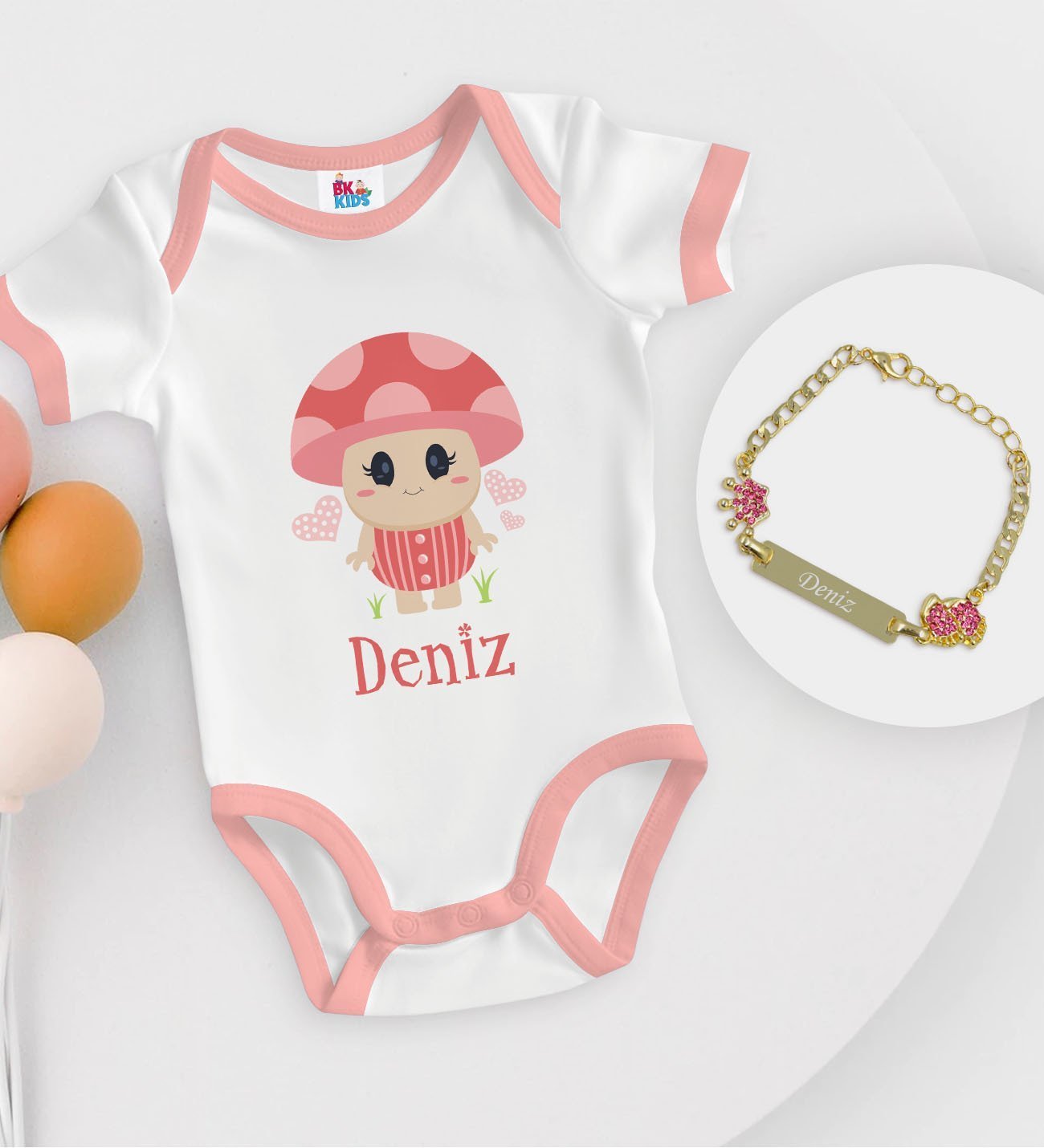 BK Kids Kişiye Özel İsimli Pembe Bebek Body Zıbın ve Kız Bebek Künyesi Hediye Seti-10