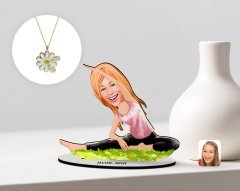 Kişiye Özel Kadın Yoga Karikatürlü 3D Ahşap Biblo ve İsimli Tarihli Papatya Kolye Seti-1