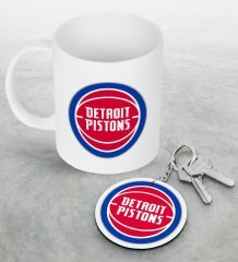 NBA Detroit Pistons Beyaz Kupa ve Ahşap Anahtarlık Seti