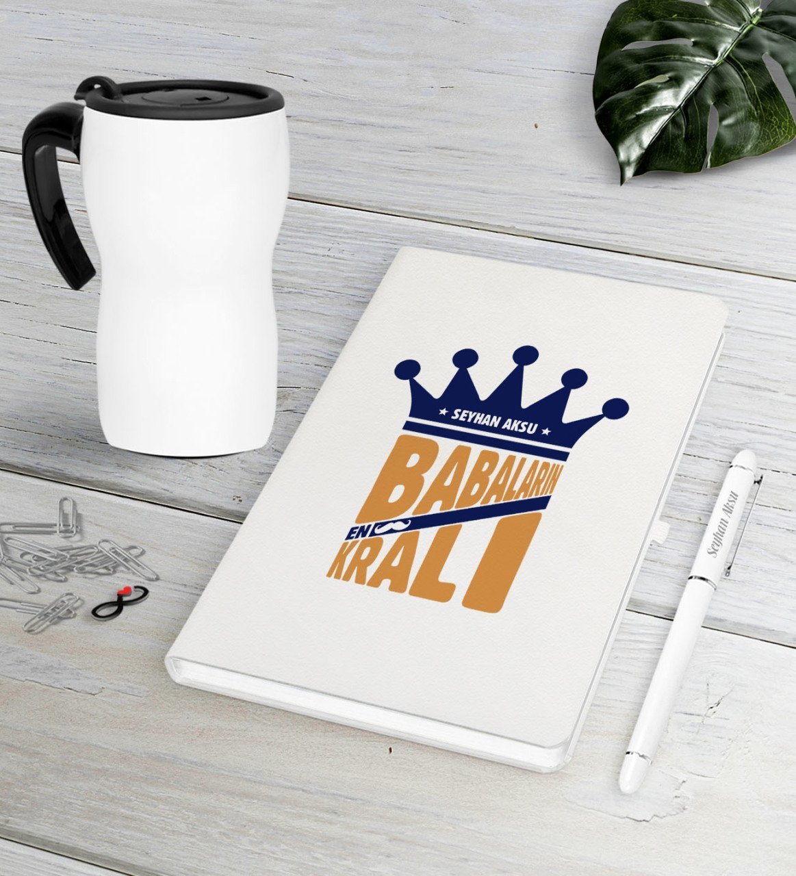 Kişiye Özel Babaların En Kralı Beyaz Defter Kalem Termos Mug Seti