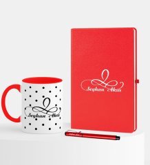 Kişiye Özel İsimli Kırmızı Defter Kalem Kupa Seti - 4