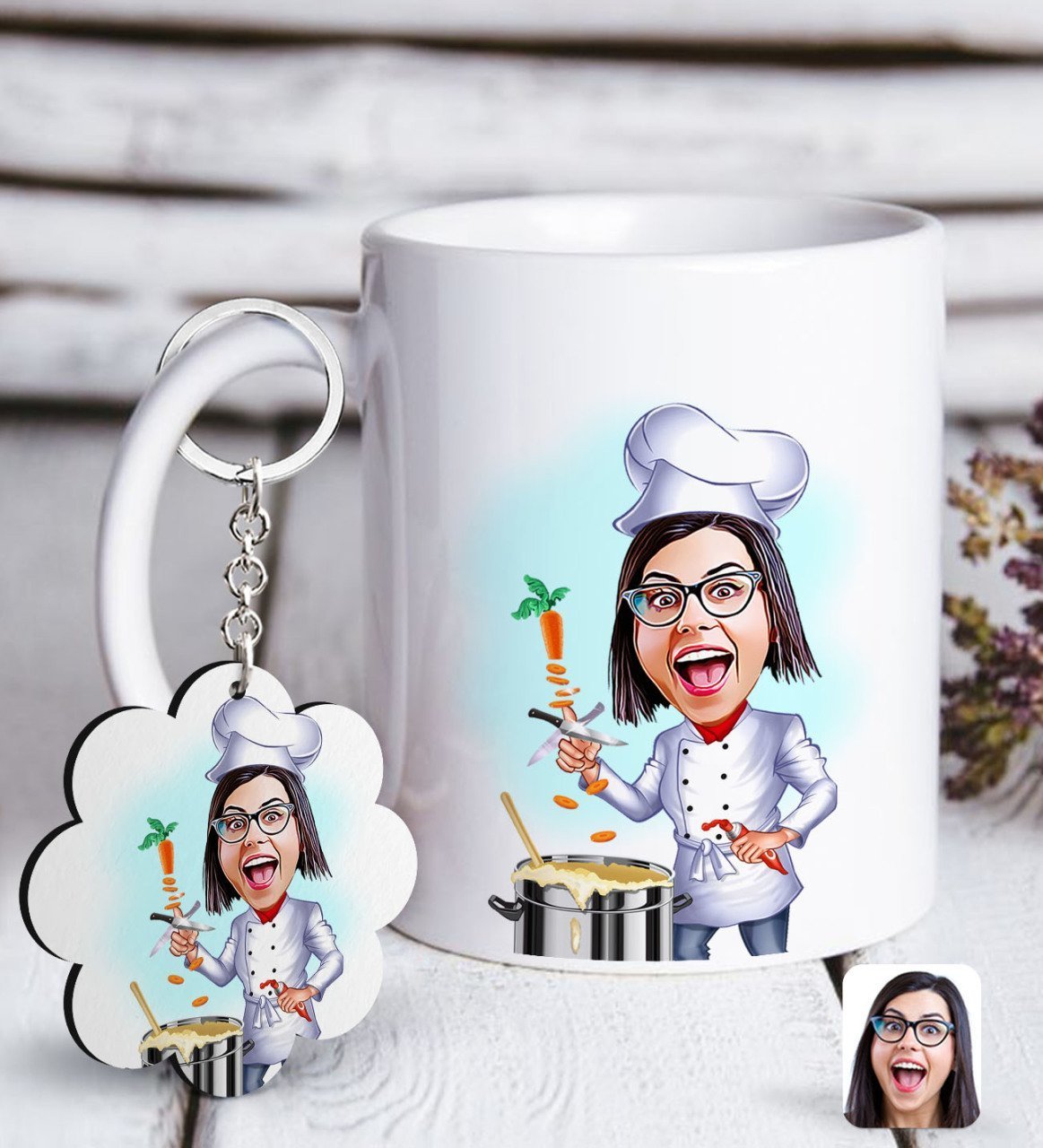 Kişiye Özel Bayan Chef Karikatürlü Beyaz Kupa ve Anahtarlık Hediye Seti-1