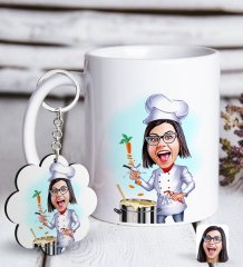 Kişiye Özel Bayan Chef Karikatürlü Beyaz Kupa ve Anahtarlık Hediye Seti-1