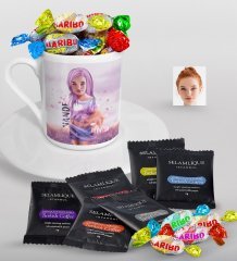 Kişiye Özel Bayan Karikatürlü Türk Kahvesi Fincanı Selamlique Karışık Türk Kahvesi ve Haribo Şeker Hediye Seti-43