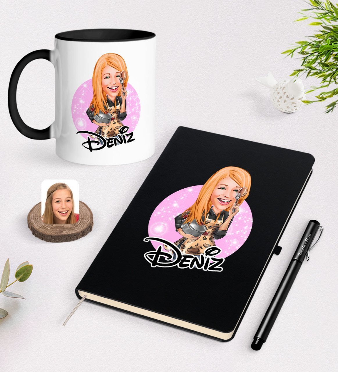 Kişiye Özel Kadın Aşçı Karikatürlü Siyah Defter Kalem ve Kupa Seti-2
