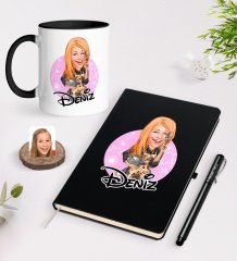 Kişiye Özel Kadın Aşçı Karikatürlü Siyah Defter Kalem ve Kupa Seti-2