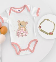 BK Kids Kişiye Özel İsimli Pembe Bebek Body Zıbın ve Kız Bebek Künyesi Hediye Seti-6