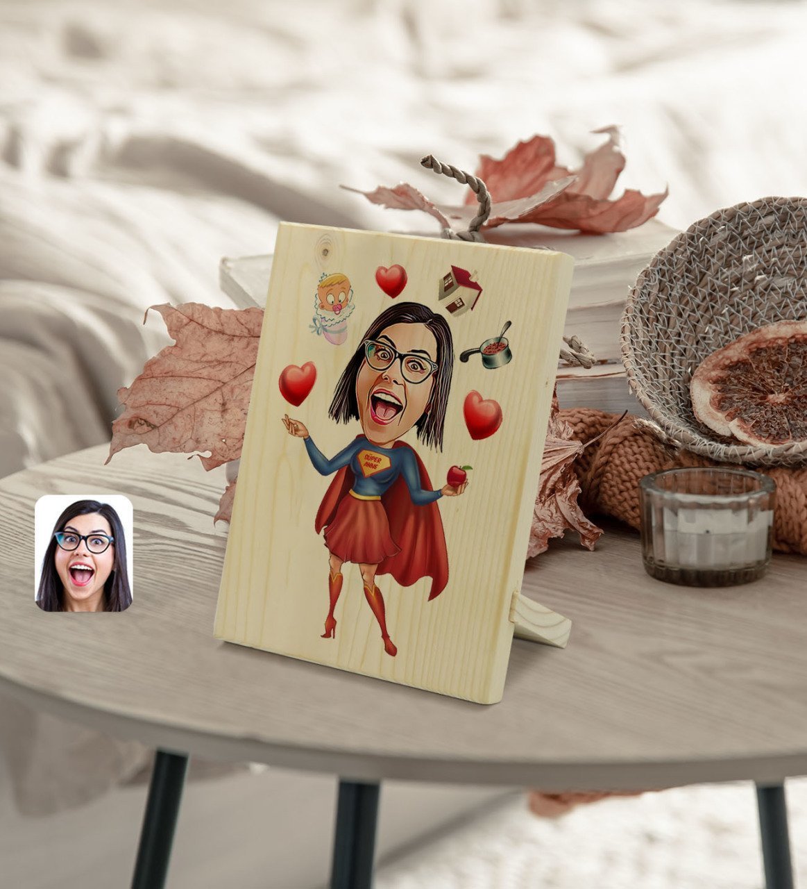 Kişiye Özel Süper Anne Karikatürlü Dekoratif Ahşap Çerçeve Model 1