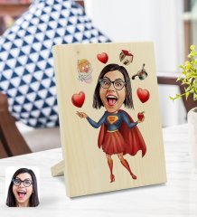 Kişiye Özel Süper Anne Karikatürlü Dekoratif Ahşap Çerçeve Model 1
